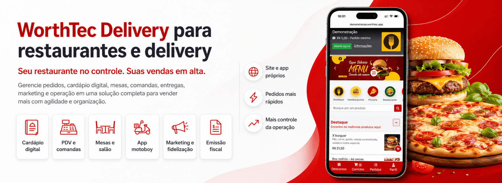 WorthTec Delivery para restaurantes e delivery Uma solução completa para quem precisa vender mais, organizar pedidos e controlar toda a operação do restaurante em um só lugar. Com o WorthTec Delivery, sua empresa conta com cardápio digital, site e app próprios, PDV, controle de mesas e comandas, app para motoboy, marketing e fidelização, além de emissão fiscal integrada. Mais agilidade nos pedidos, mais controle da operação e mais praticidade para o cliente comprar de onde estiver. Seu restaurante no controle. Suas vendas em alta.